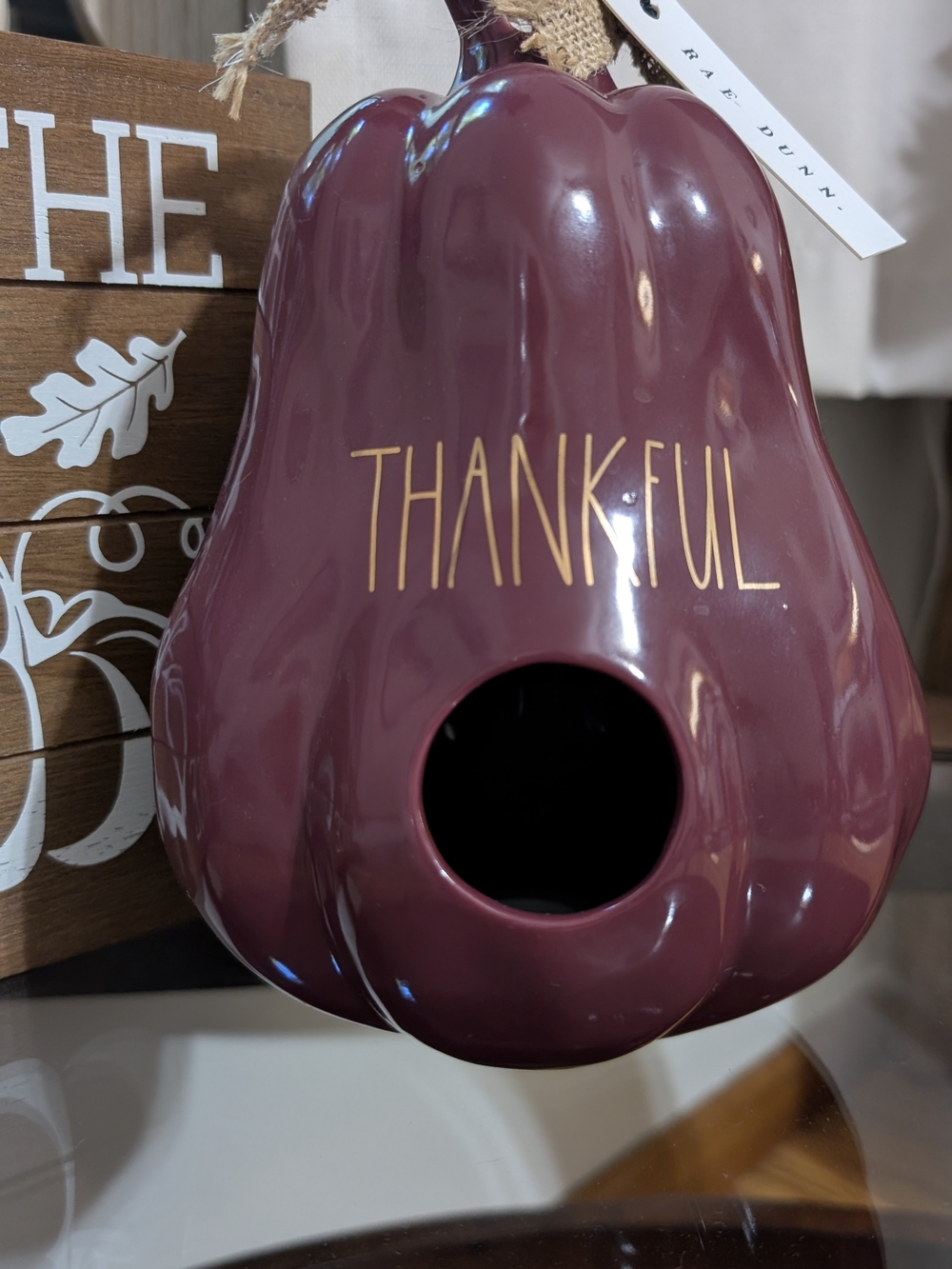 Rae Dunn Plum Ceramic Pumpkin with Burlap Accent
